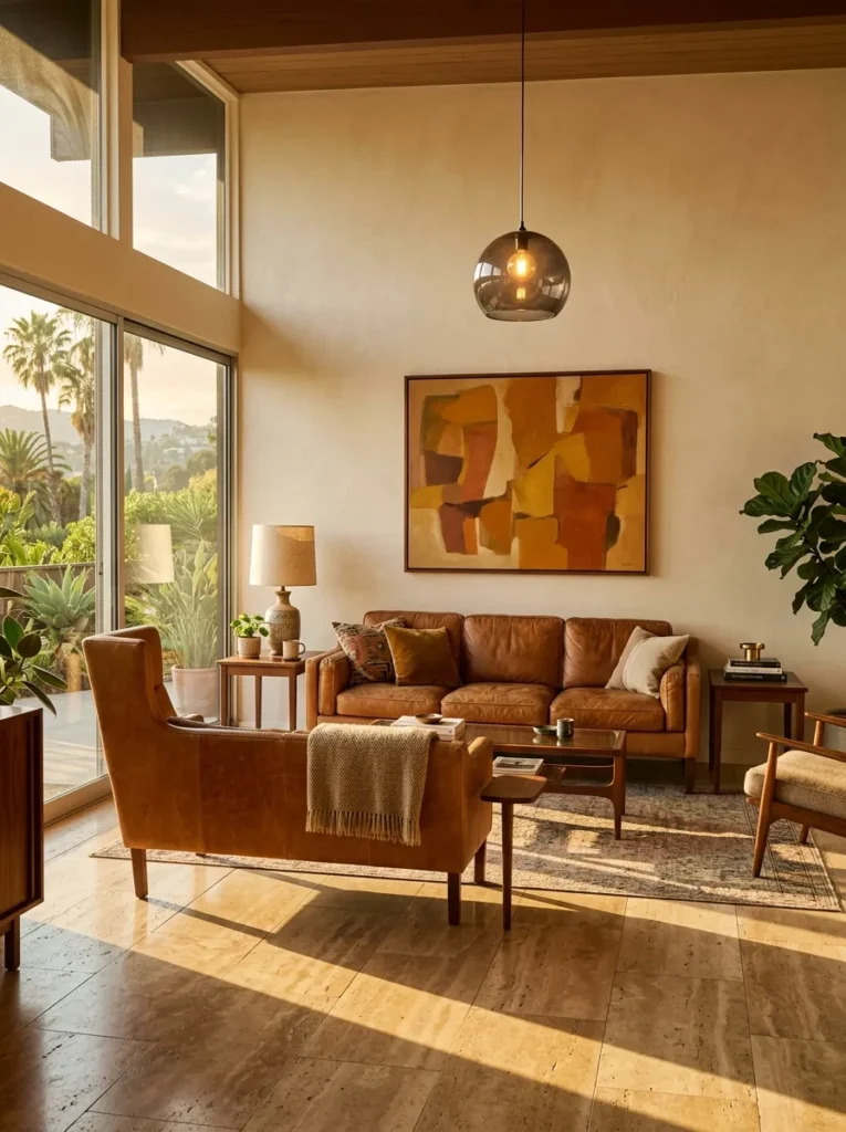 Deep camel leather sofa anchoring a warm neutral living room with travertine flooring in a California home.