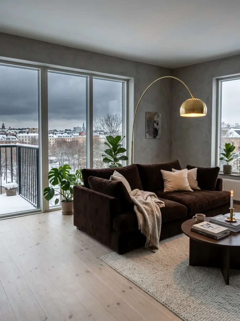 Rich chocolate mohair sofa as the deeper neutral statement piece against grey microcement walls in a Stockholm living room.