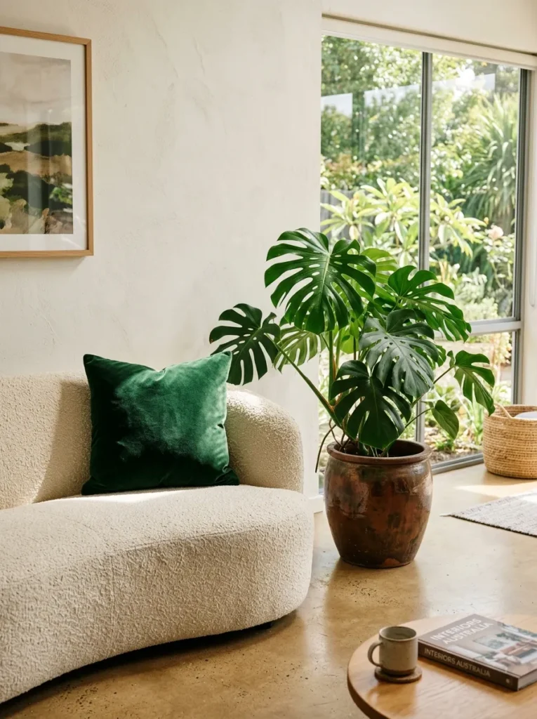 Dark forest green velvet cushion against warm ivory bouclé sofa as a cool accent in a Melbourne beige living room.