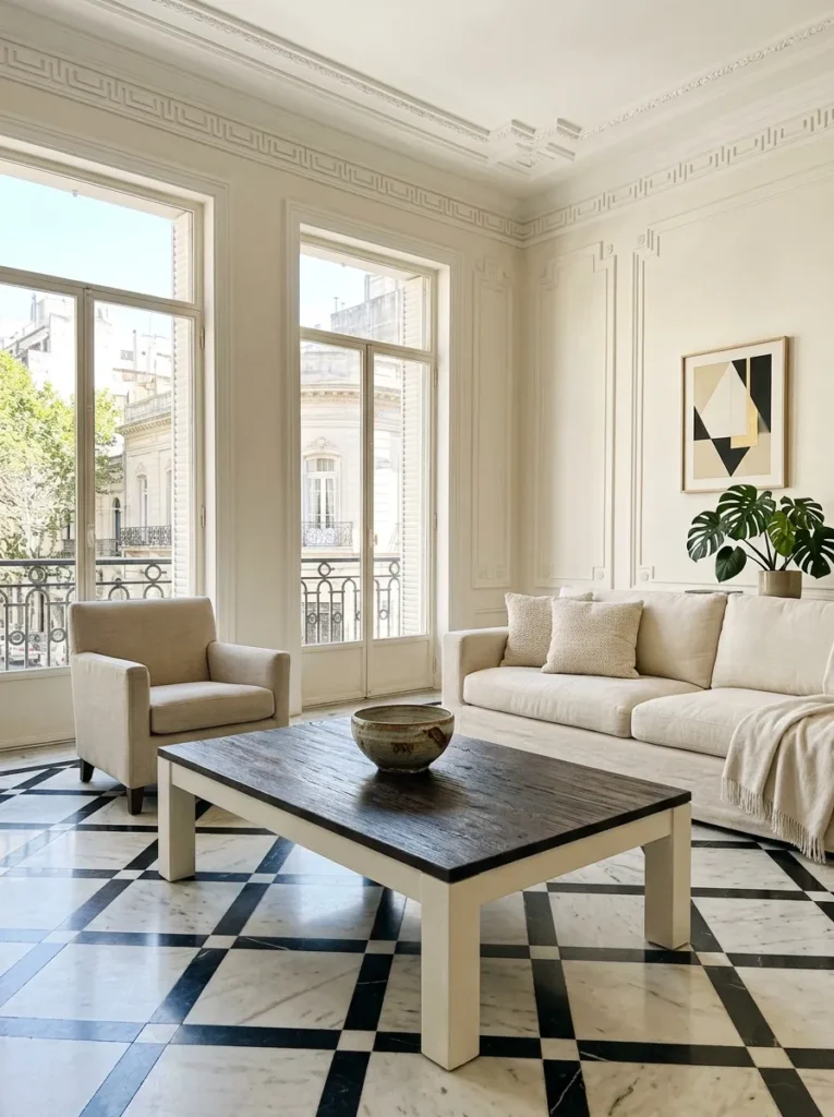 Dark aged teak coffee table contrasting with cream linen sofa and pale walls in an Art Deco Buenos Aires living room.