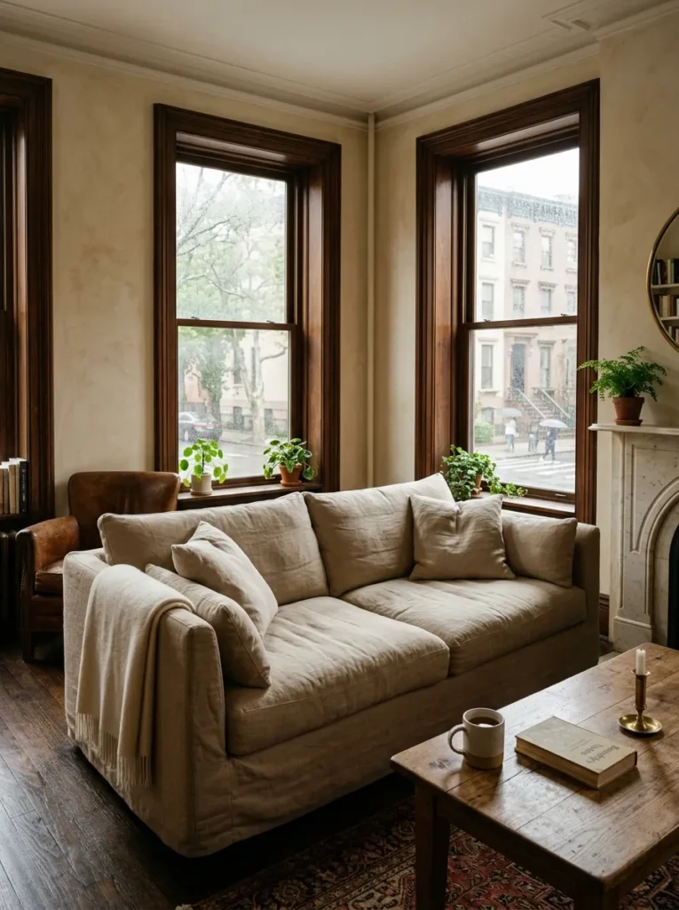 Deeply cushioned high-arm sand linen sofa with loose back cushions in a generous beige Brooklyn brownstone living room.