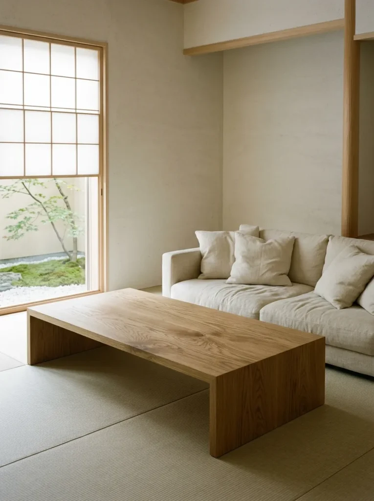 Completely empty white oak coffee table in a deliberately minimal beige Kyoto living room with pale plaster walls.