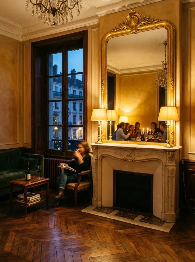 Gilt overmantel mirror reflecting brass lamp warmth rather than daylight in a warm Lyon Haussmann living room.