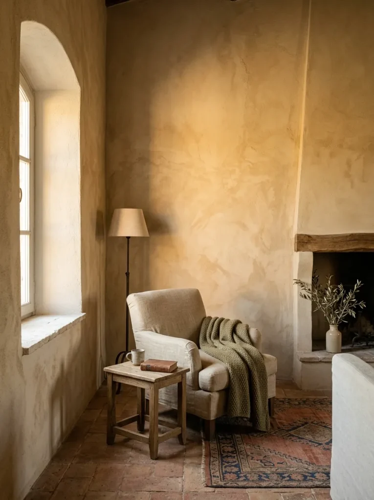 Hand-applied warm sand microplaster walls with visible tonal variation in an Umbrian farmhouse living room.