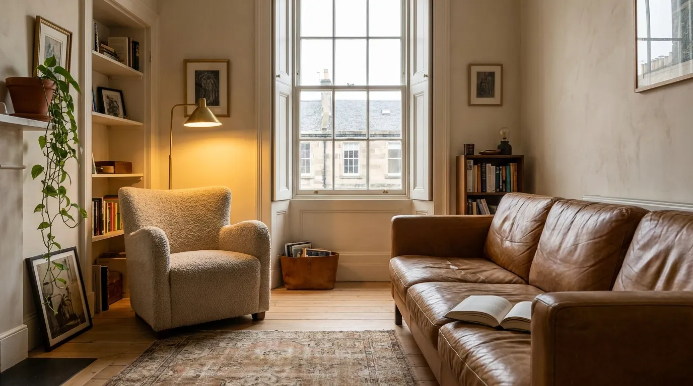 Layered beige living room with camel leather sofa, boucle armchair, and warm brass lamps on wide plank oak.