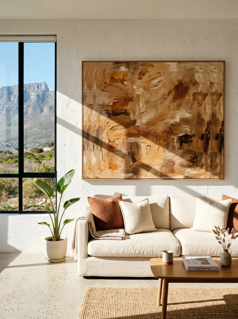 Large abstract canvas in warm sienna and ochre above a cream sofa in a minimalist Cape Town living room.