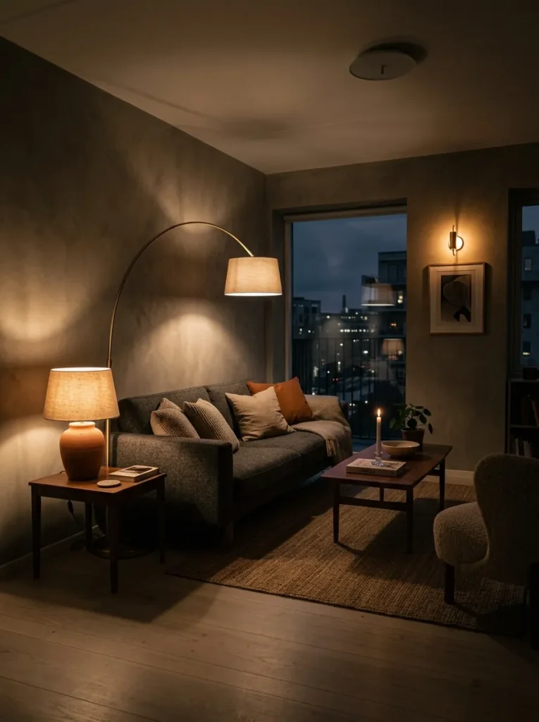 Three independently lit warm lamps creating evening atmosphere in a beige Copenhagen living room with no overhead light.