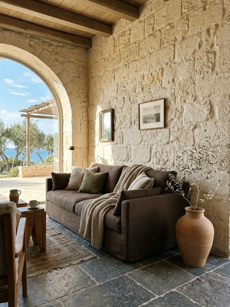 Deep mushroom linen sofa contrasting clearly against warm ivory stone walls in a Puglian coastal villa living room.