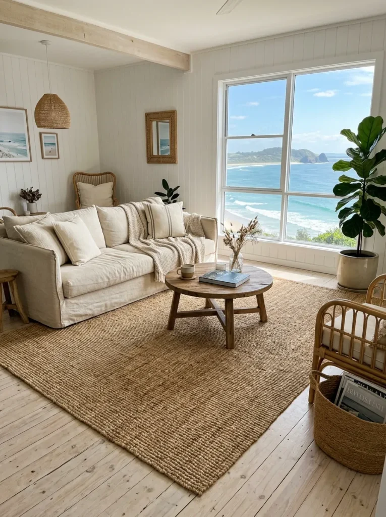 Natural weave jute rug in warm tan beneath a canvas sofa in a bright coastal beige living room in Byron Bay.