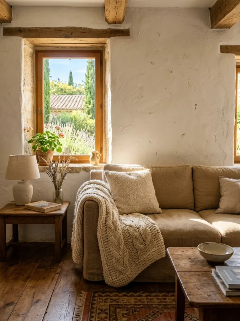 Rough-weave linen sofa with chunky wool throw and boucle cushion in three warm neutral textures in a Provençal living room.