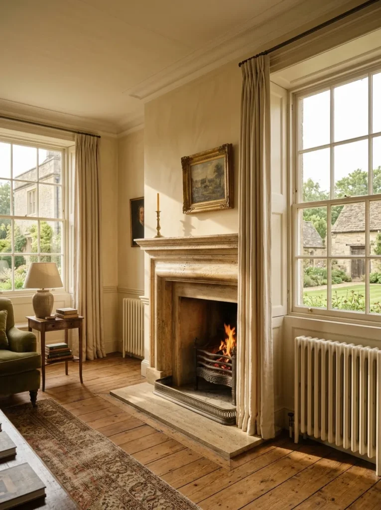Honed travertine fireplace surround with natural tonal variation as focal point in a Cotswolds Georgian living room.