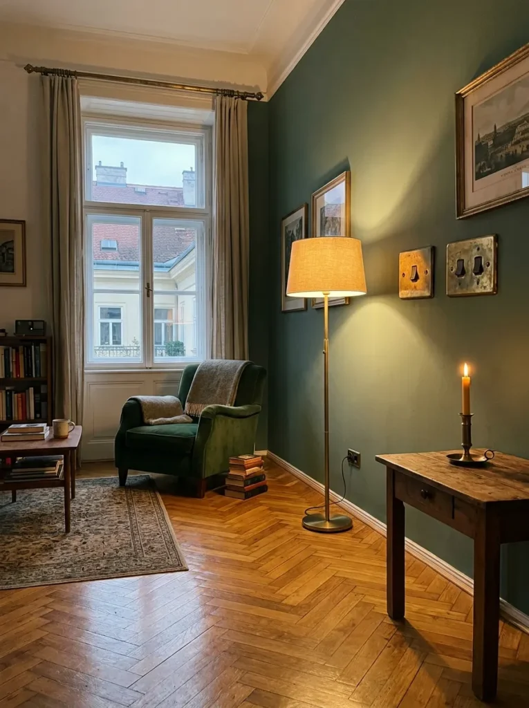 Unlacquered brass curtain rod, floor lamp, and switch plates with natural patina in a warm Viennese living room.