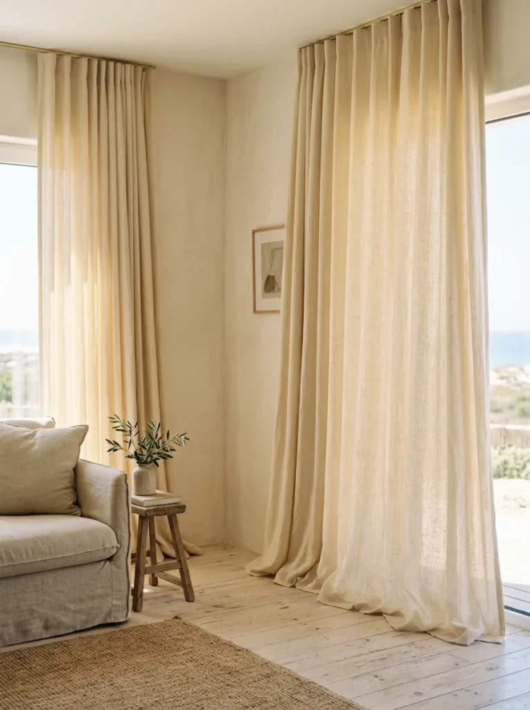 Warm ivory linen curtains pooling on bleached pine floor in a coastal Portuguese living room with brass track.