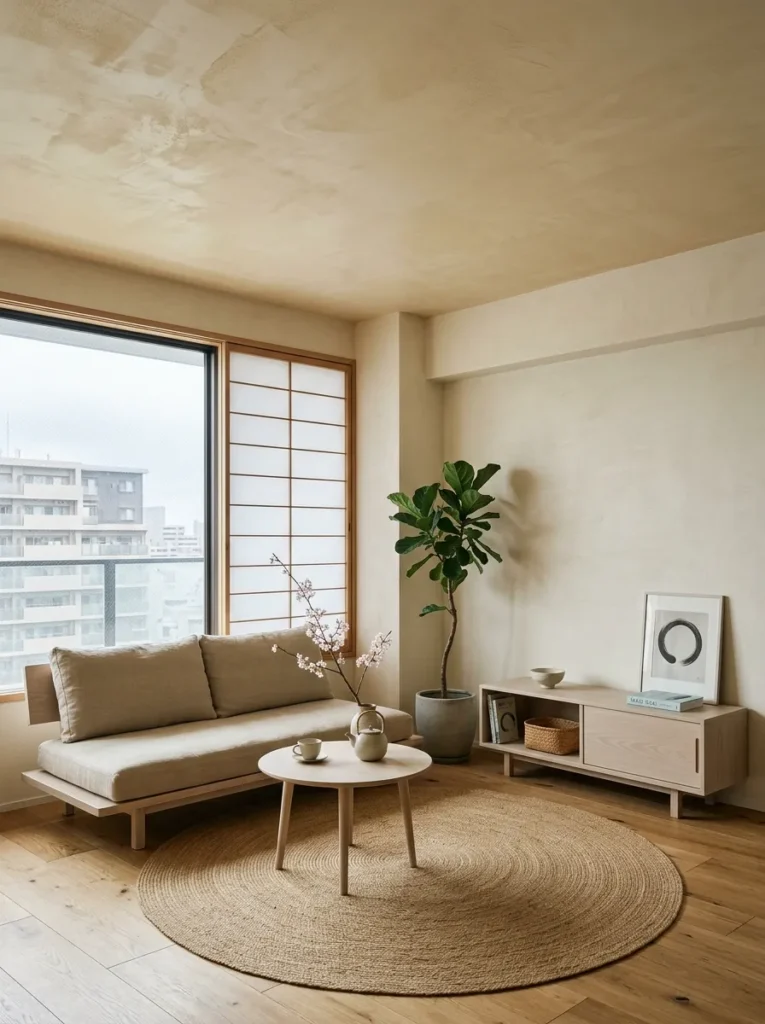 Warm ivory ceiling above cream limewash walls in a Japandi living room with pale ash furniture in Osaka.
