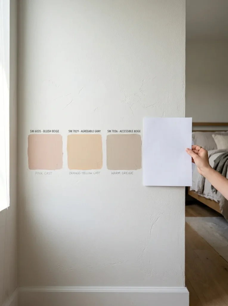 Three beige paint swatches on a bedroom wall showing pink, orange-yellow, and warm greige undertones beside a white reference card
