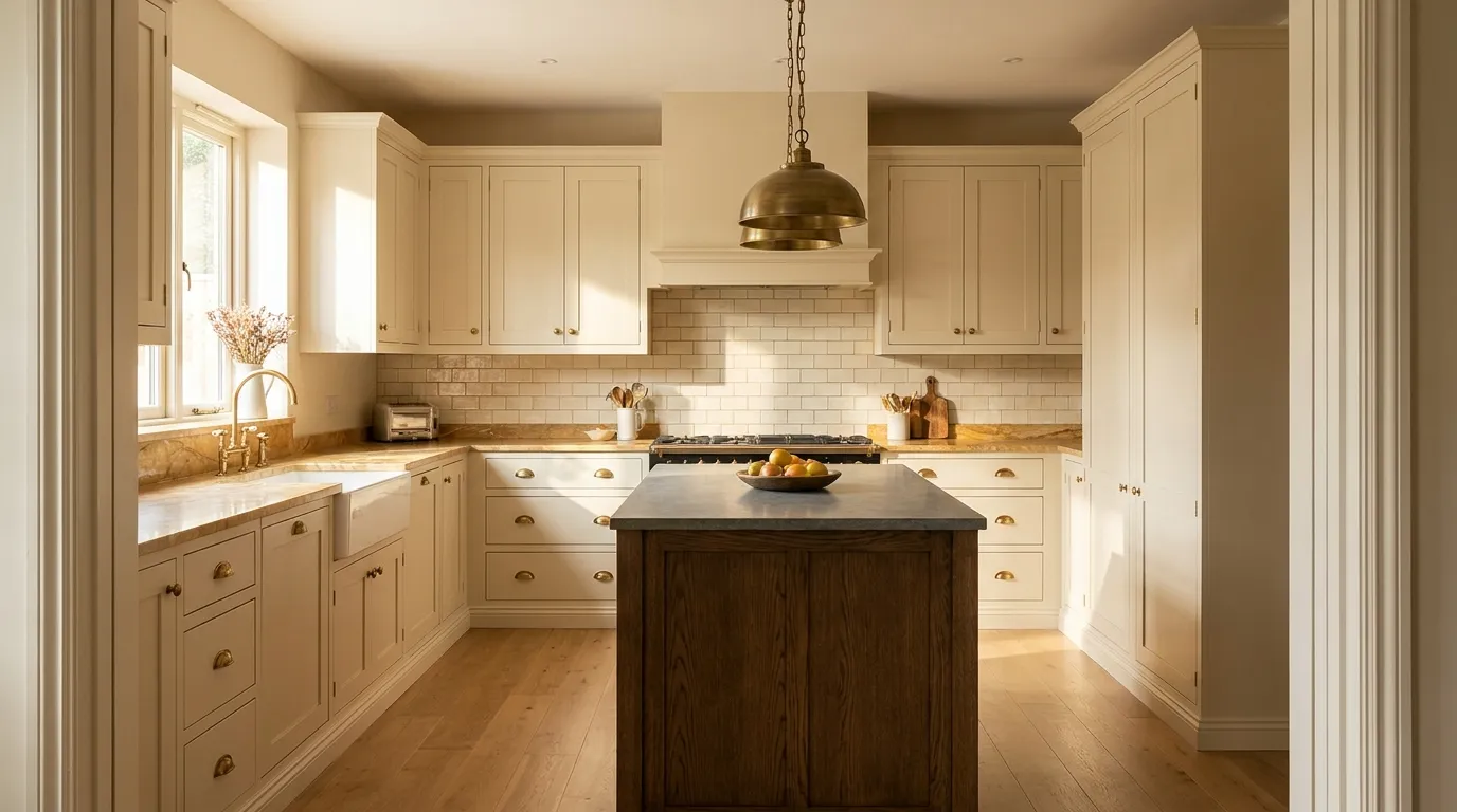 Cream shaker kitchen with unlacquered brass hardware, honey-veined marble counter, and dark oak island in morning light