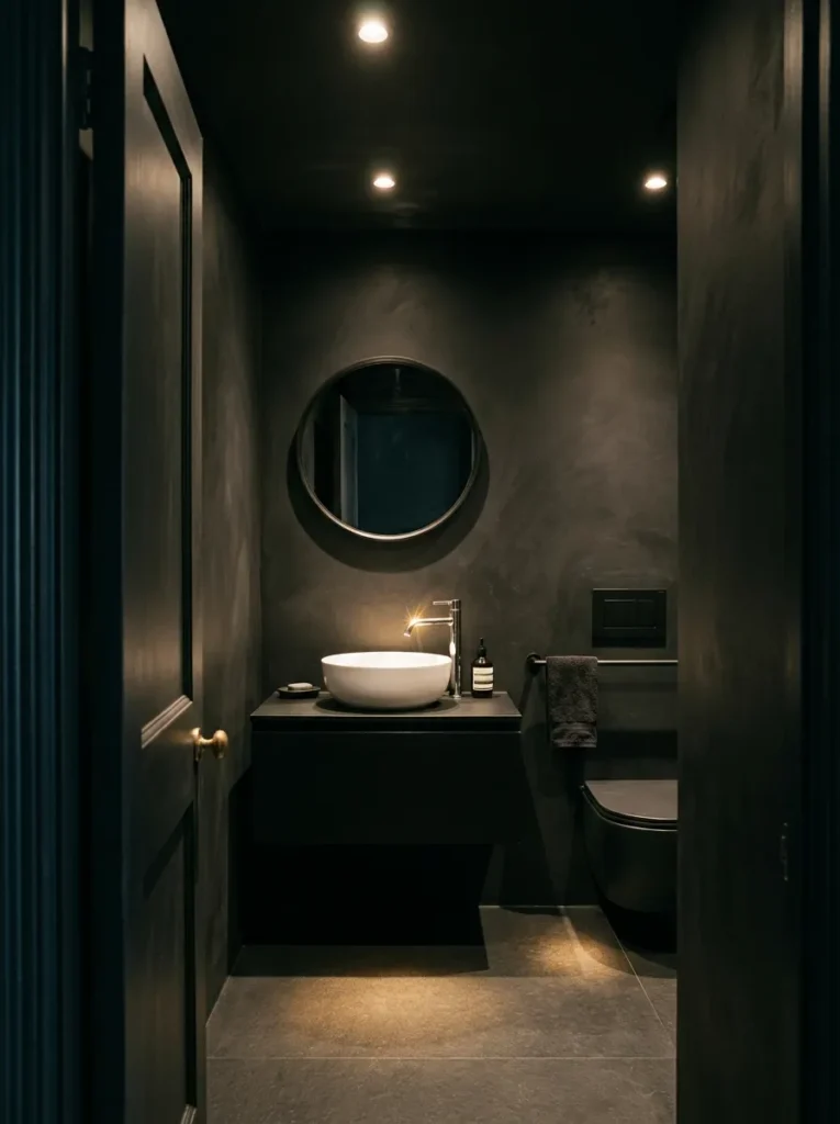 Bathroom with continuous matte black on walls and ceiling, recessed spotlights creating downlight pools, and a white basin as the only light surface