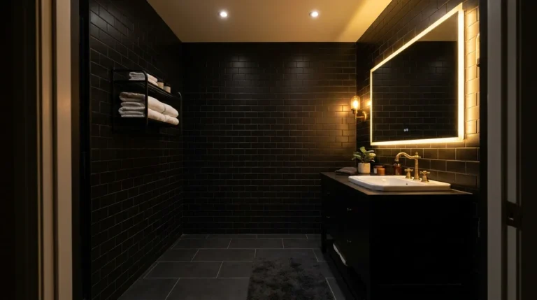 Black bathroom with matte subway tile walls, brass tapware, backlit mirror above a dark vanity, and white towels on open metal shelving
