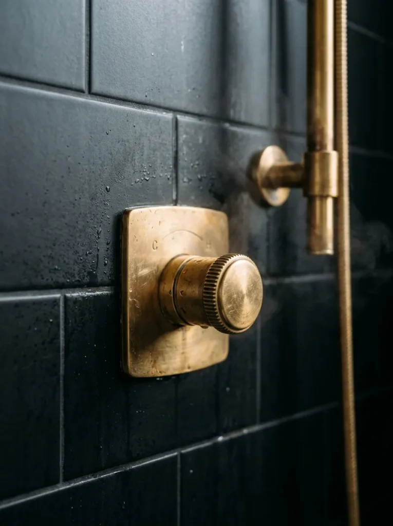 Unlacquered brass shower valve and rail against matte black bathroom wall tile, showing warm metal against dark surface