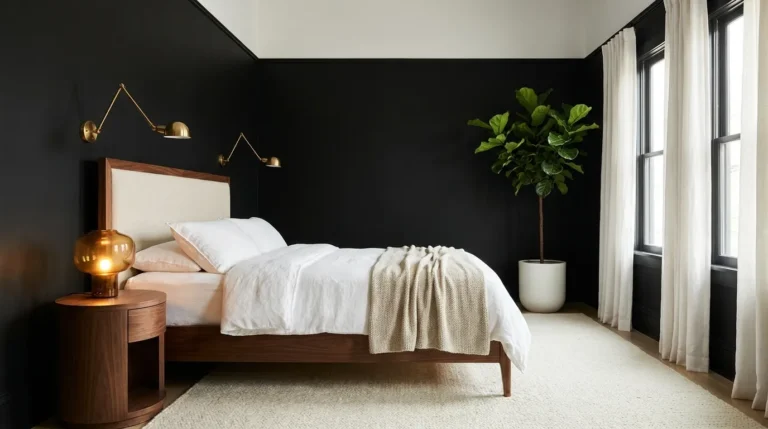 Sophisticated bedroom with matte black walls, a walnut bed frame, white linen bedding, brass sconces, and a fiddle leaf fig in the corner