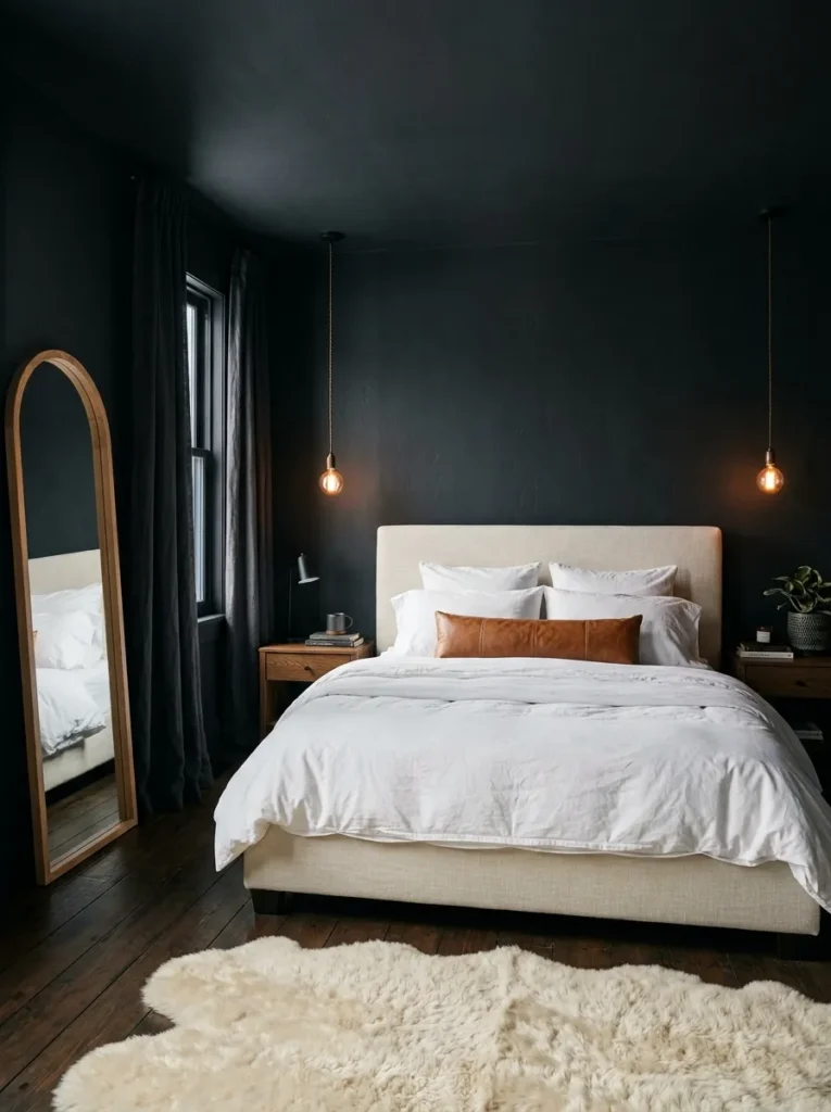 Bedroom with matching black walls and ceiling creating a cocoon effect, cream bed, warm pendant lights, and an arched mirror
