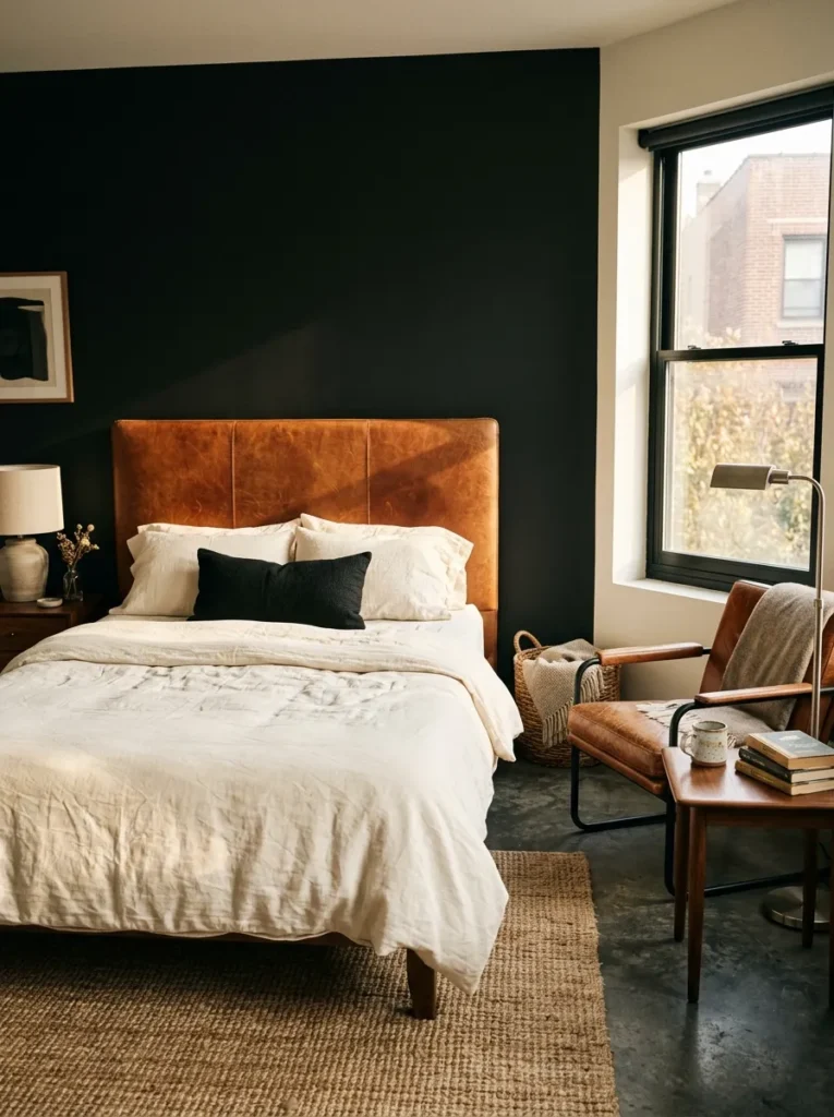 Black accent wall bedroom with a cognac leather headboard, matching leather chair, ivory bedding, and warm afternoon light

