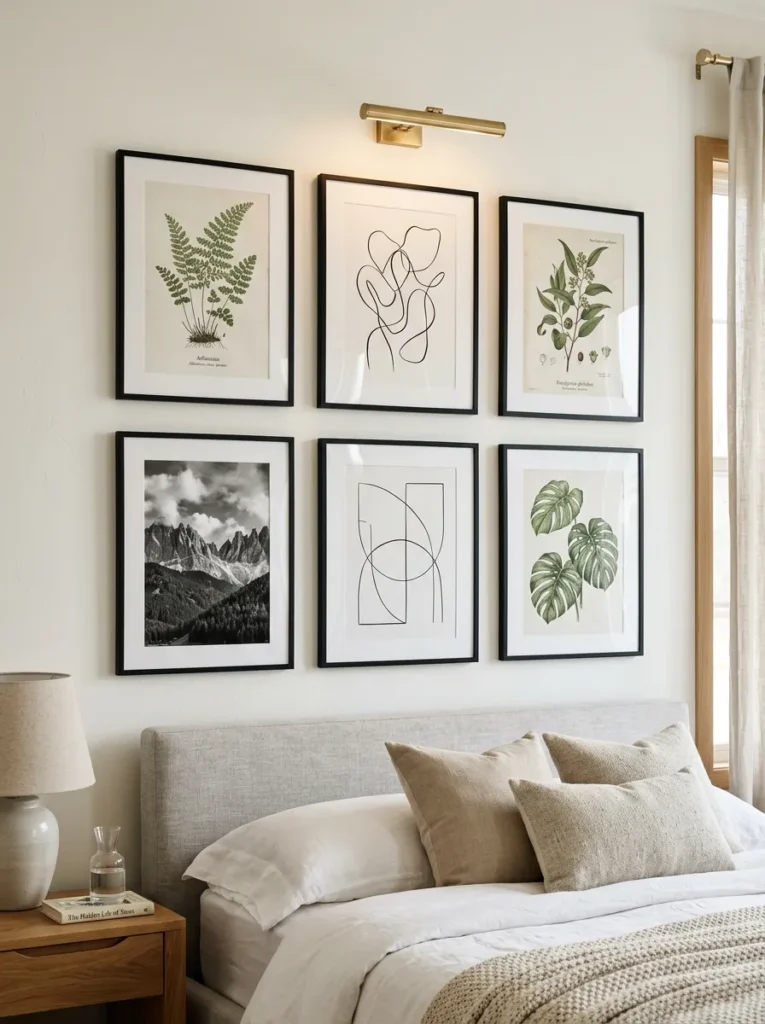 Six black-framed prints in a grid arrangement above a grey linen headboard on a warm white bedroom wall
