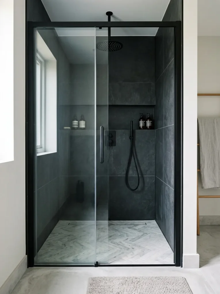 Walk-in shower with slim black powder-coated frame glass screen, charcoal tile interior, and matte black rain showerhead
