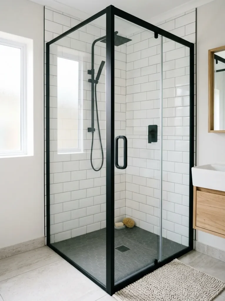 Black-framed glass shower screen with matte black perimeter frame and D-handle showing white tile shower interior, pale floor outside