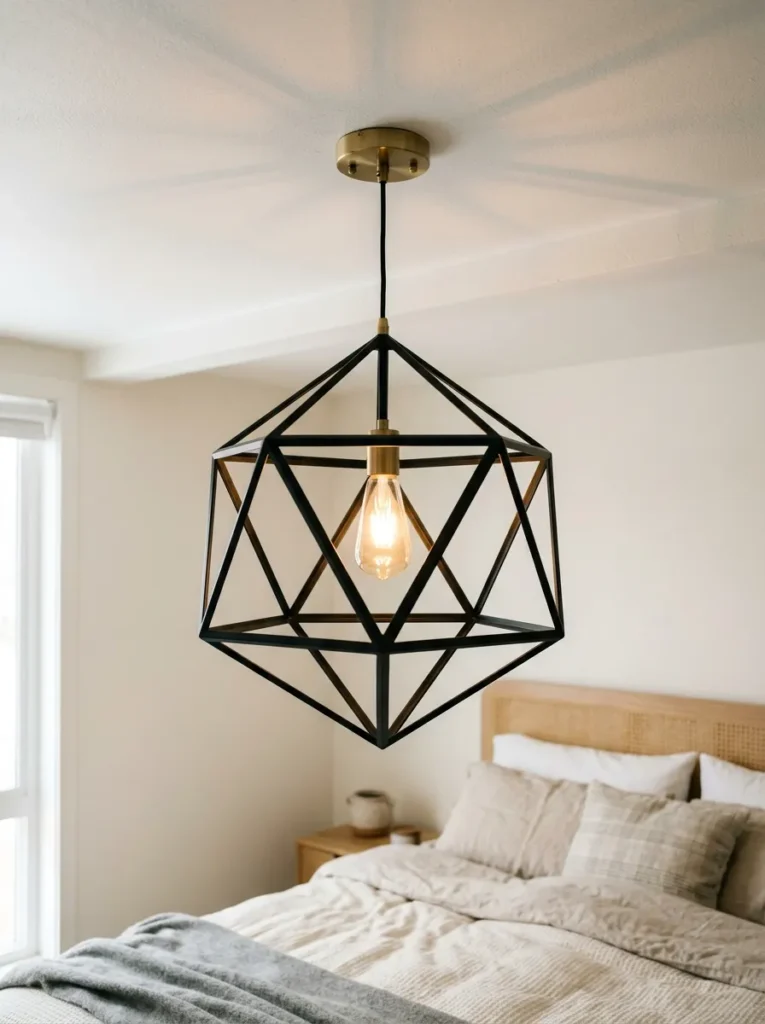 Large sculptural black metal geometric pendant light hanging from a white bedroom ceiling above a bed