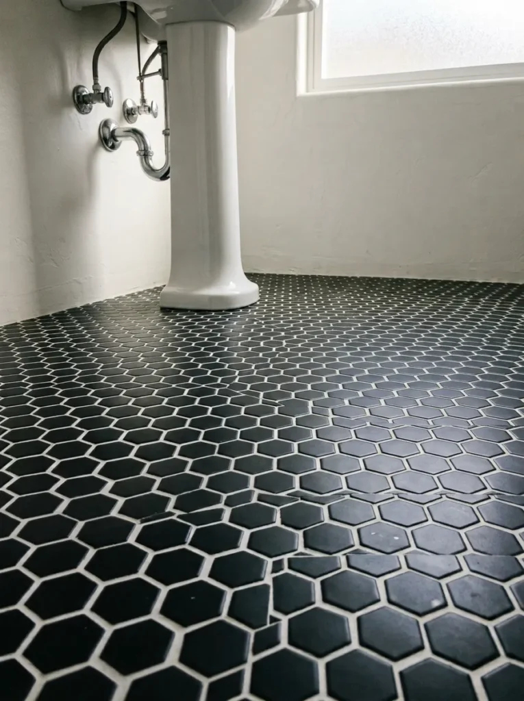 Black hexagonal mosaic floor tiles with white grout lines in a bathroom, with the base of a white pedestal basin at the frame edge