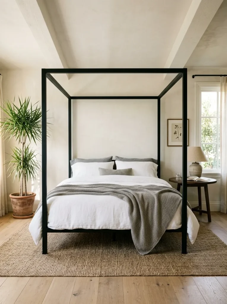 Black iron four-poster bed with clean lines, white linen bedding, warm white walls, and a dracaena plant in the corner
