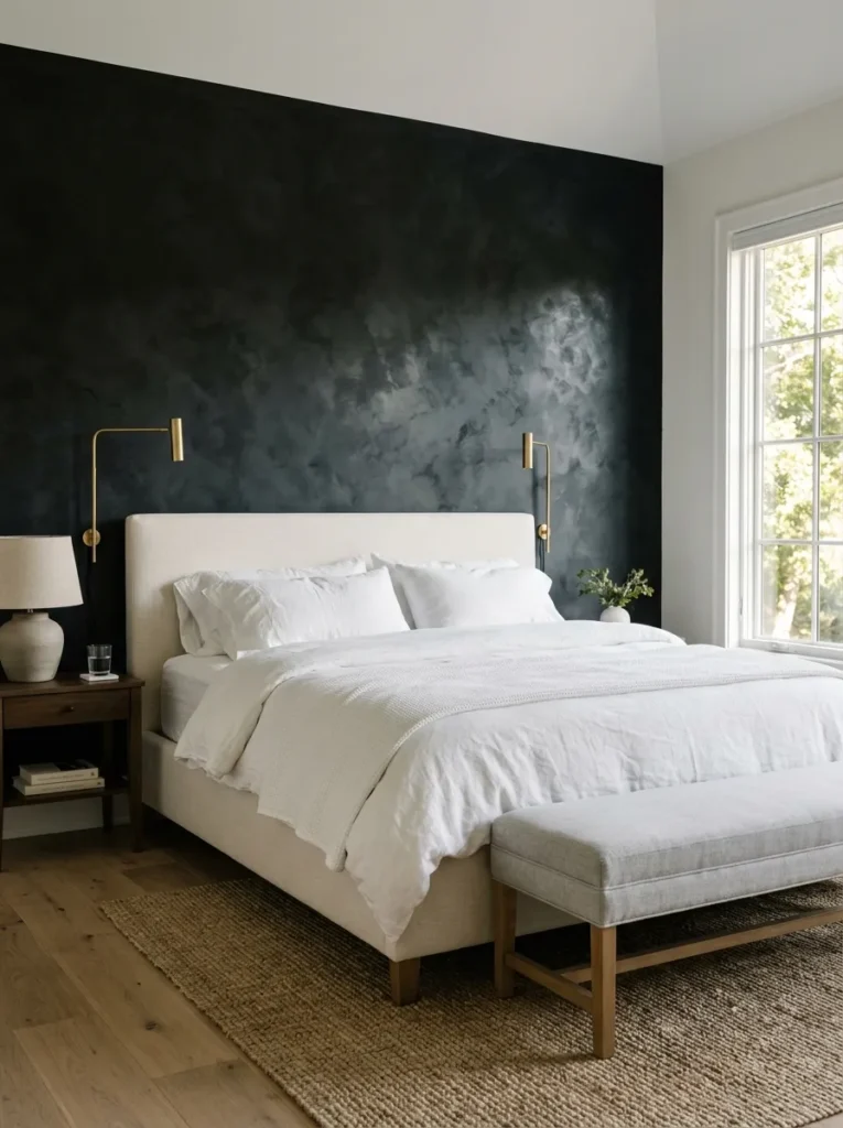 Bedroom with a black limewash accent wall showing chalky texture variation, an ivory linen bed, and brass sconces
