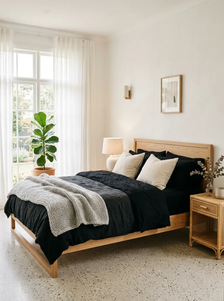 Black linen bedding on a light oak bed in a bright bedroom with white walls and natural light
