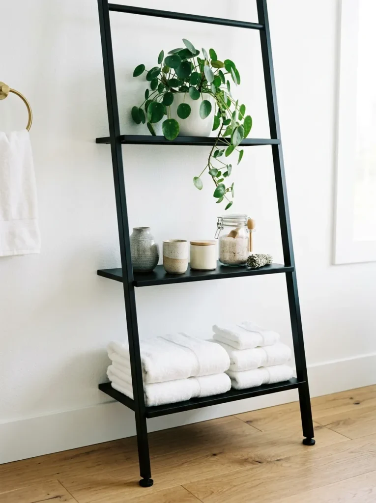 Black powder-coated metal ladder shelf against a white bathroom wall, with folded white towels, light ceramic vessels, and a small trailing plant