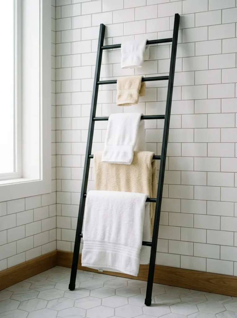 Slim black metal towel ladder leaning against white subway tile, holding bath towels, a hand towel, and washcloths at different rung heights with no wall hardware

