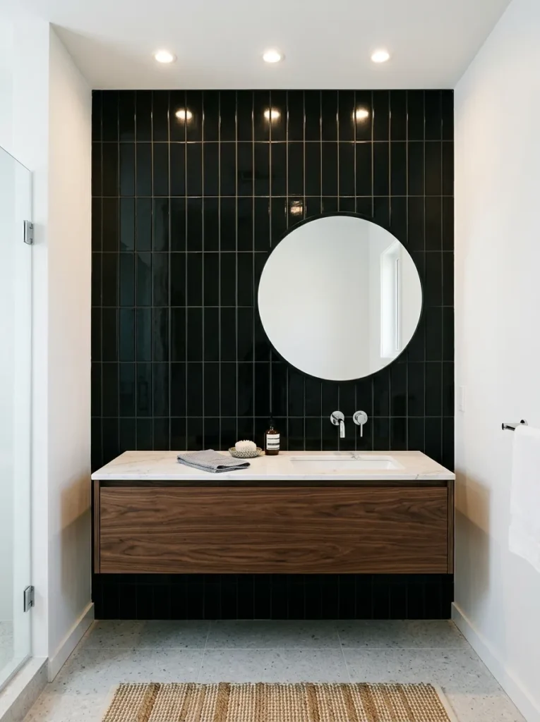 Full-height glossy black subway tile on one bathroom wall behind a walnut vanity with white stone counter, surrounded by white plaster walls
