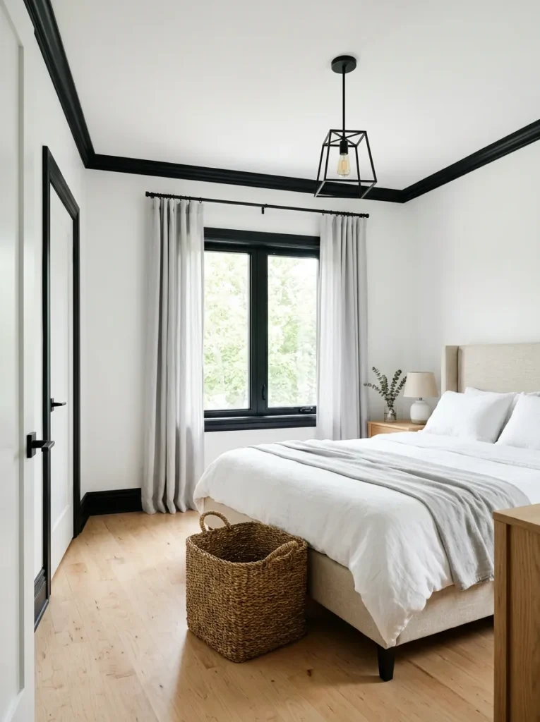 Bright bedroom with white walls and black-painted baseboards, window casings, door frame, and crown molding
