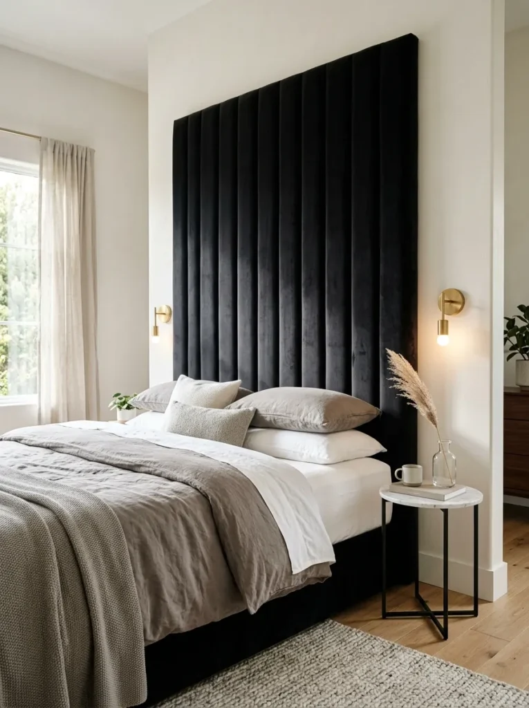 Tall black velvet channel-tufted headboard with white bedding, brass reading lights, and warm white walls
