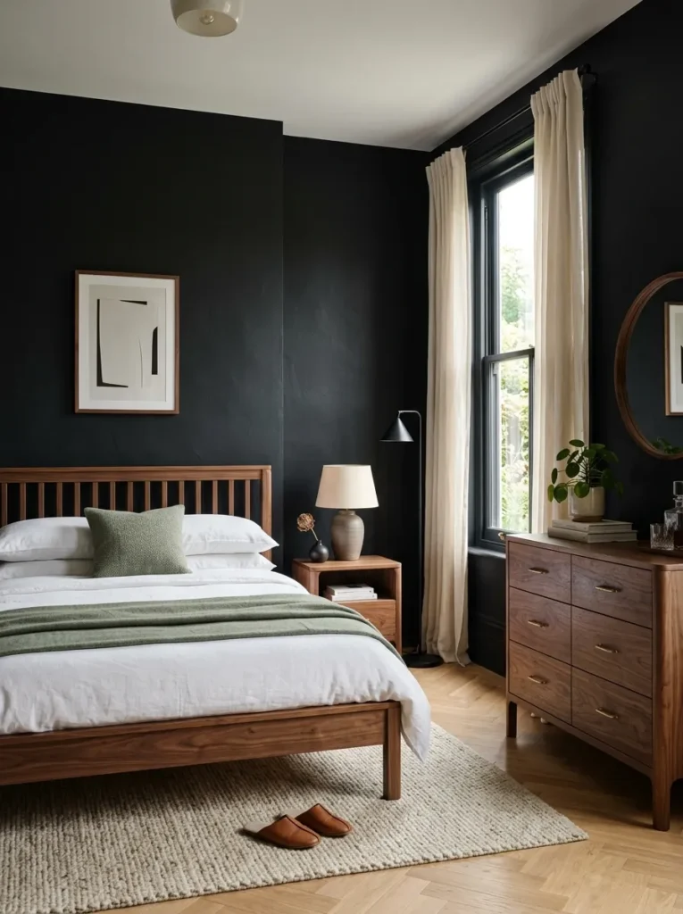 Black-walled bedroom with walnut bed frame, matching nightstands and dresser, white linen bedding, and natural light
