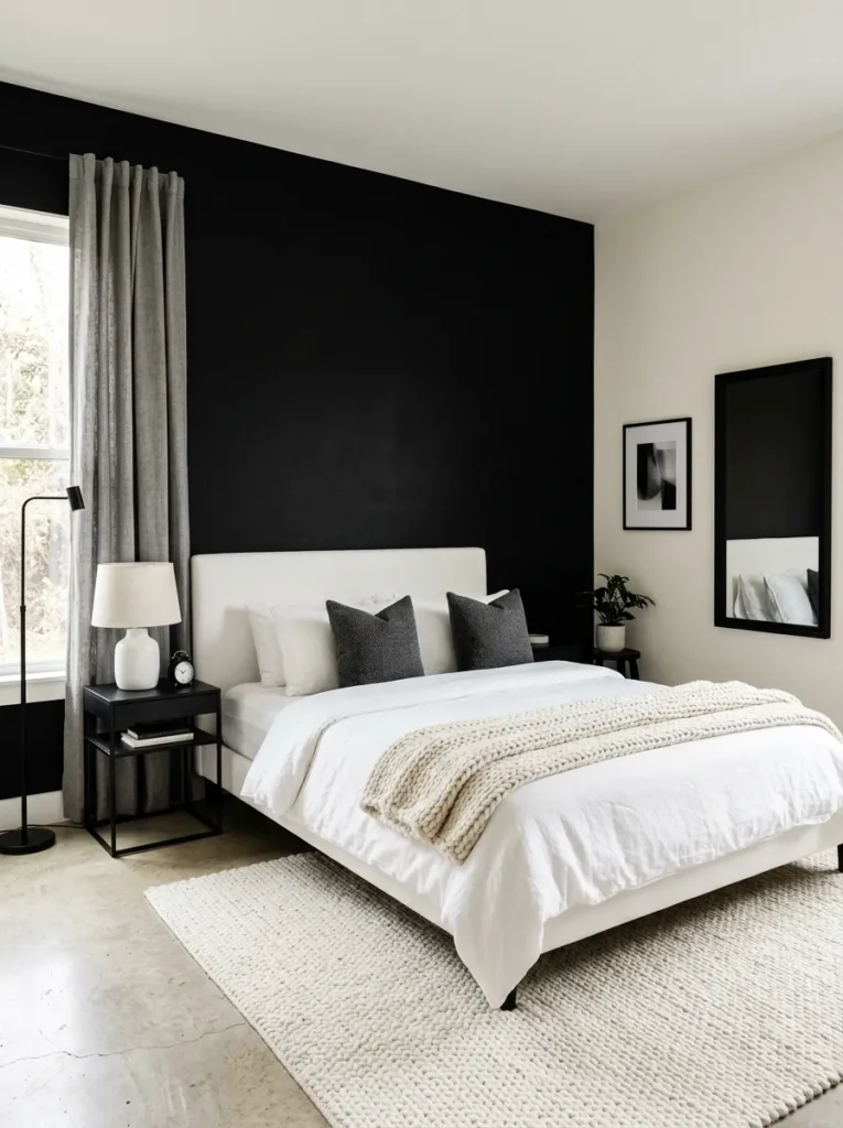 High-contrast bedroom with one black wall, white walls, white upholstered bed, grey curtains, and a black-framed mirror
