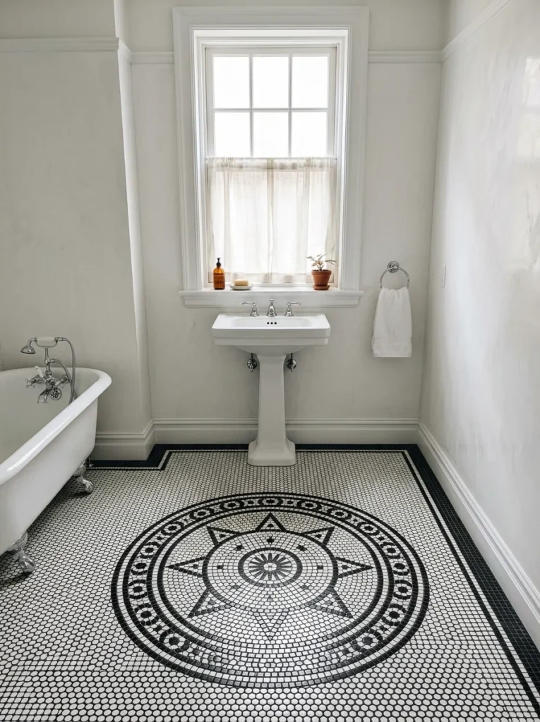 Bathroom with a black and white penny tile mosaic floor and simple white slab walls