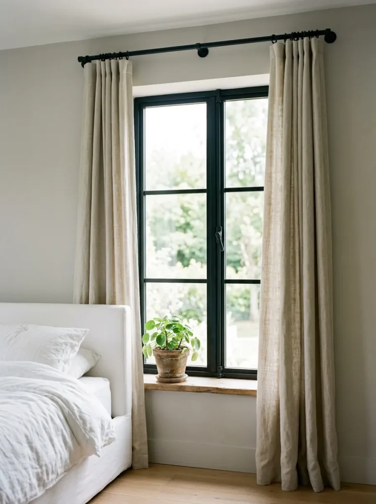 Matte black window frames and curtain rod with oatmeal linen curtains in a grey-walled bedroom
