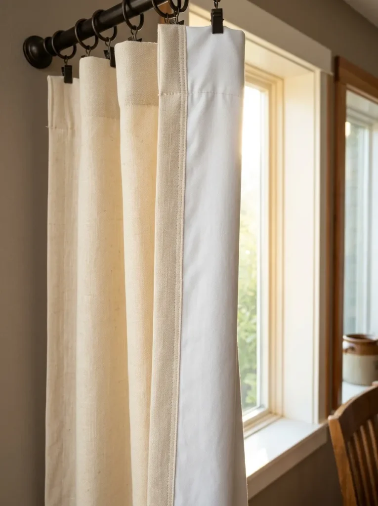 Dining room curtain panel photographed from behind showing the white blackout lining attached to the inner face of the cream linen outer fabric
