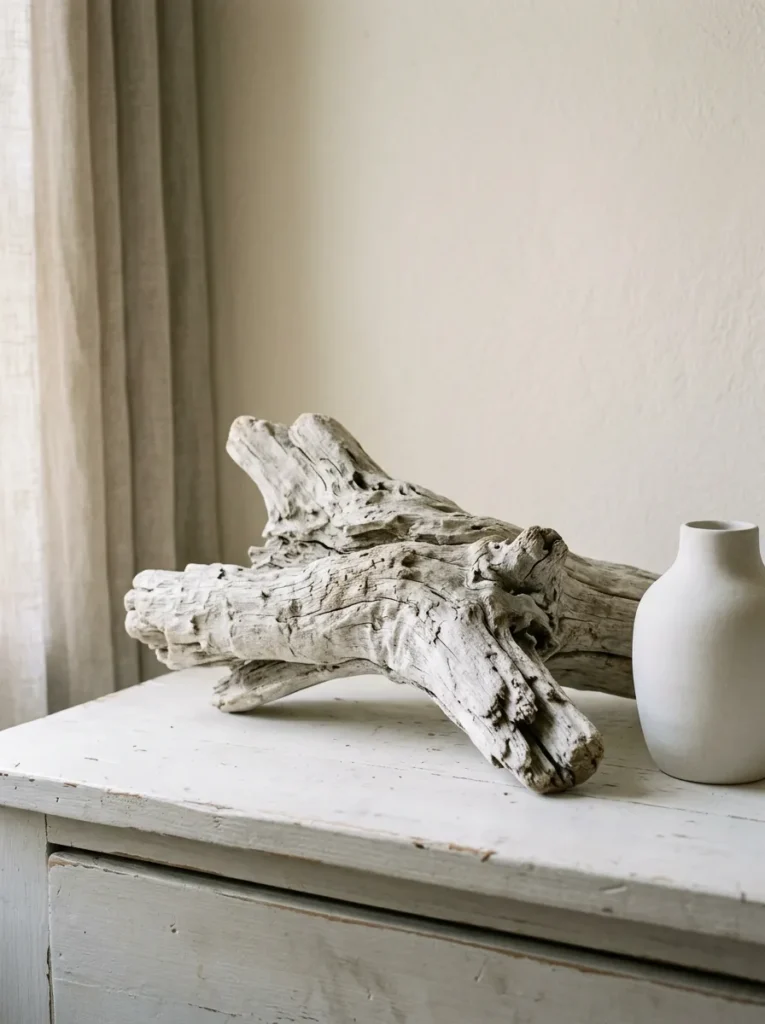 Single piece of bleached driftwood as a sculptural accent on a coastal bedroom dresser with a matte white ceramic beside it
