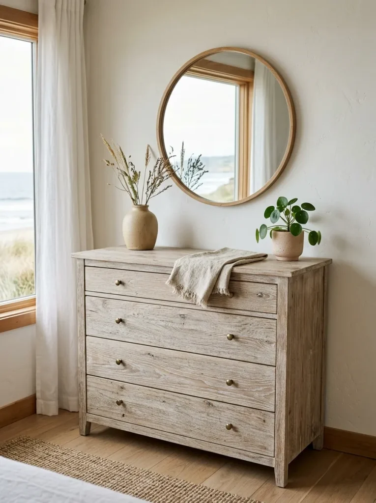Bleached wire-brushed oak dresser with visible pale wood grain against a warm white wall in a coastal bedroom