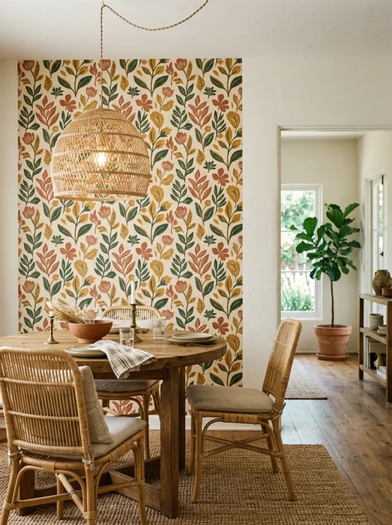 Block-print botanical wallpaper in terracotta, ochre, and forest green on one wall of a boho dining room with rattan chairs in the foreground
