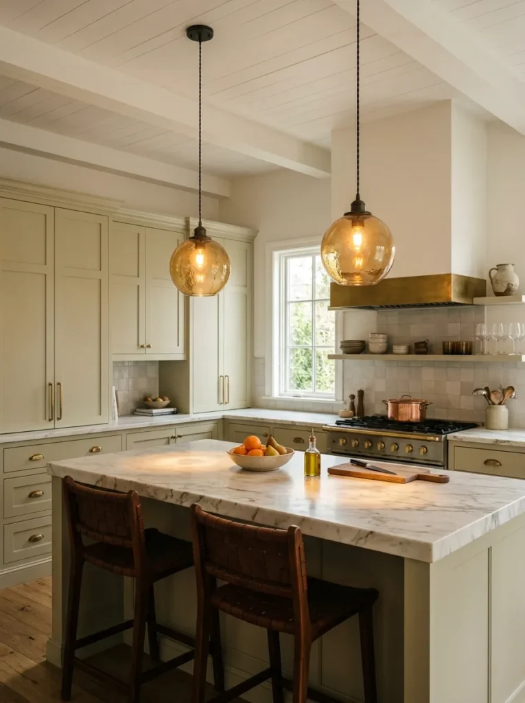 Two large amber blown glass pendants hanging above a marble kitchen island, warm light pools on the surface, generous ceiling height visible
