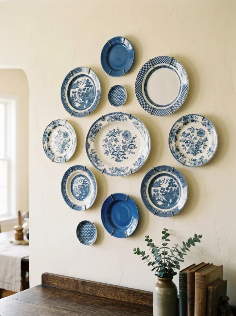 Curated arrangement of eleven blue and white decorative plates in varied sizes and patterns on a cream dining room wall
