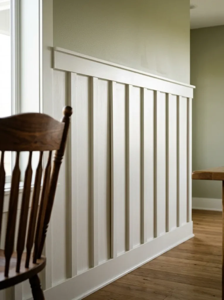 White board-and-batten wainscoting below a sage green upper wall in a dining room, with chair rail dividing the two surfaces
